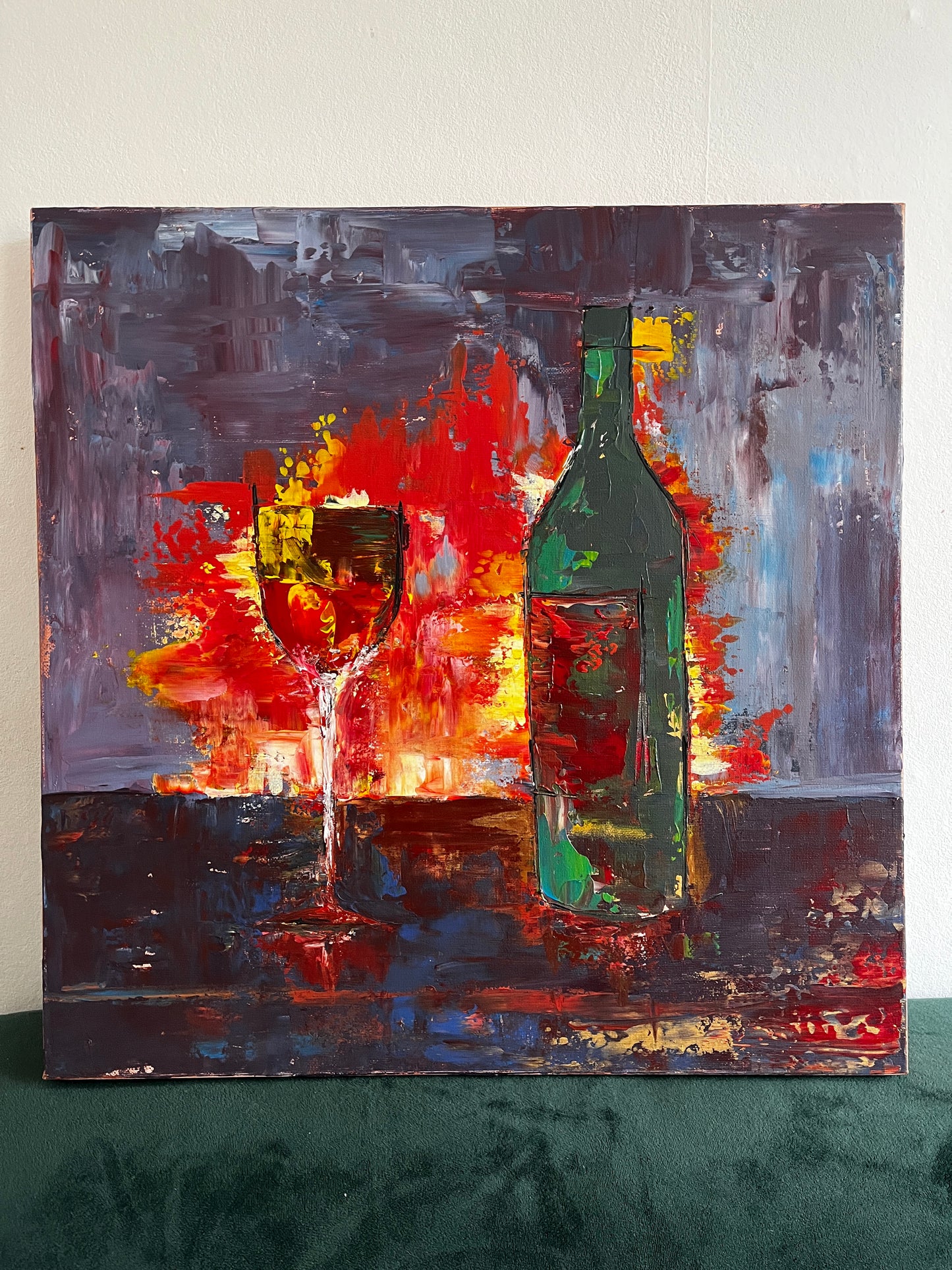 Kamin und Wein Gemälde auf Leinwand 50x50cm