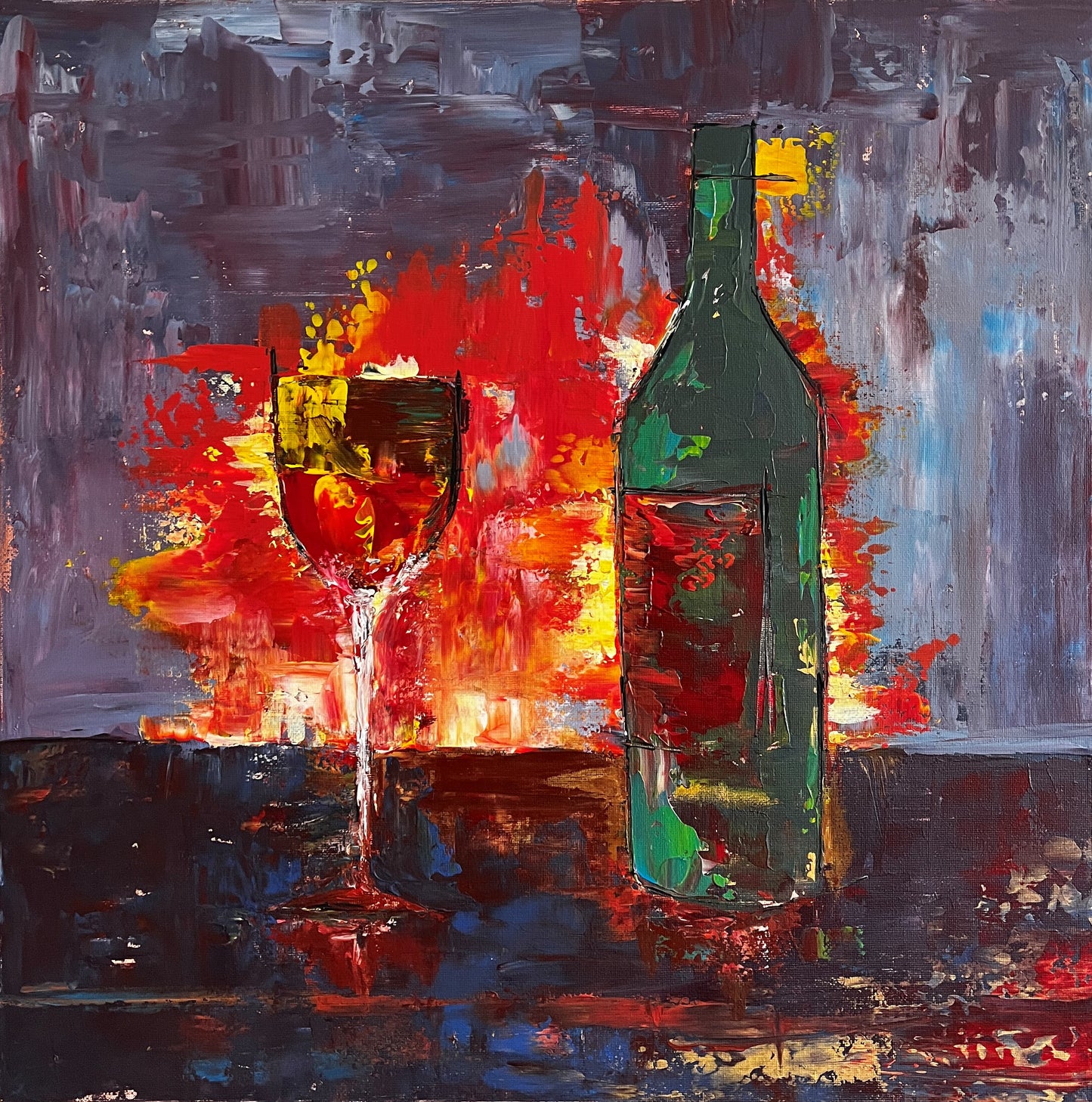 Kamin und Wein Gemälde auf Leinwand 50x50cm